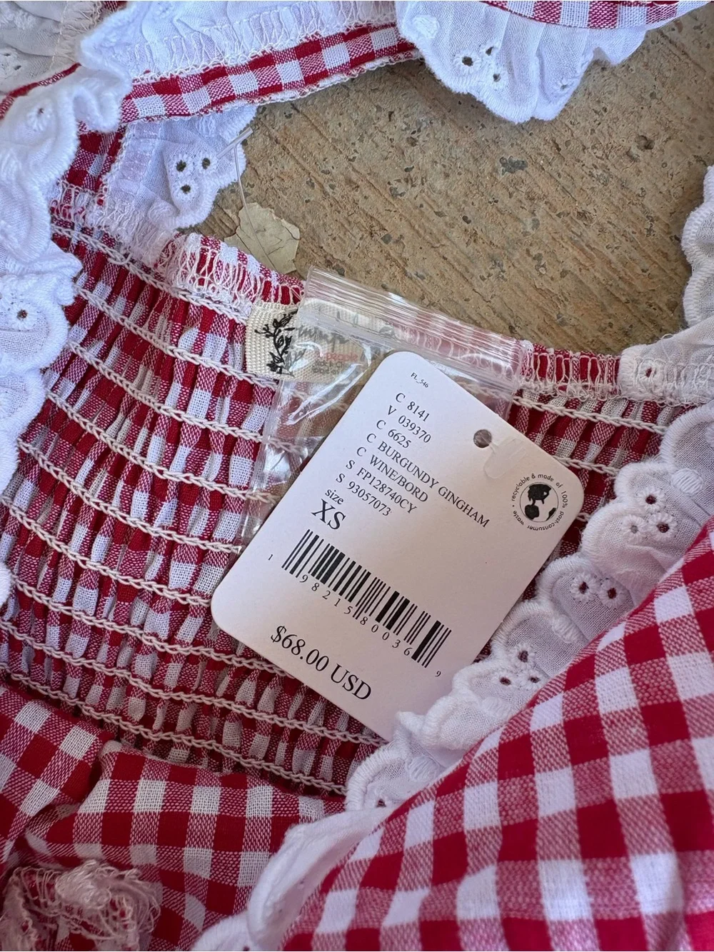Free People Red and White Gingham Lace-Trim Bodysuit